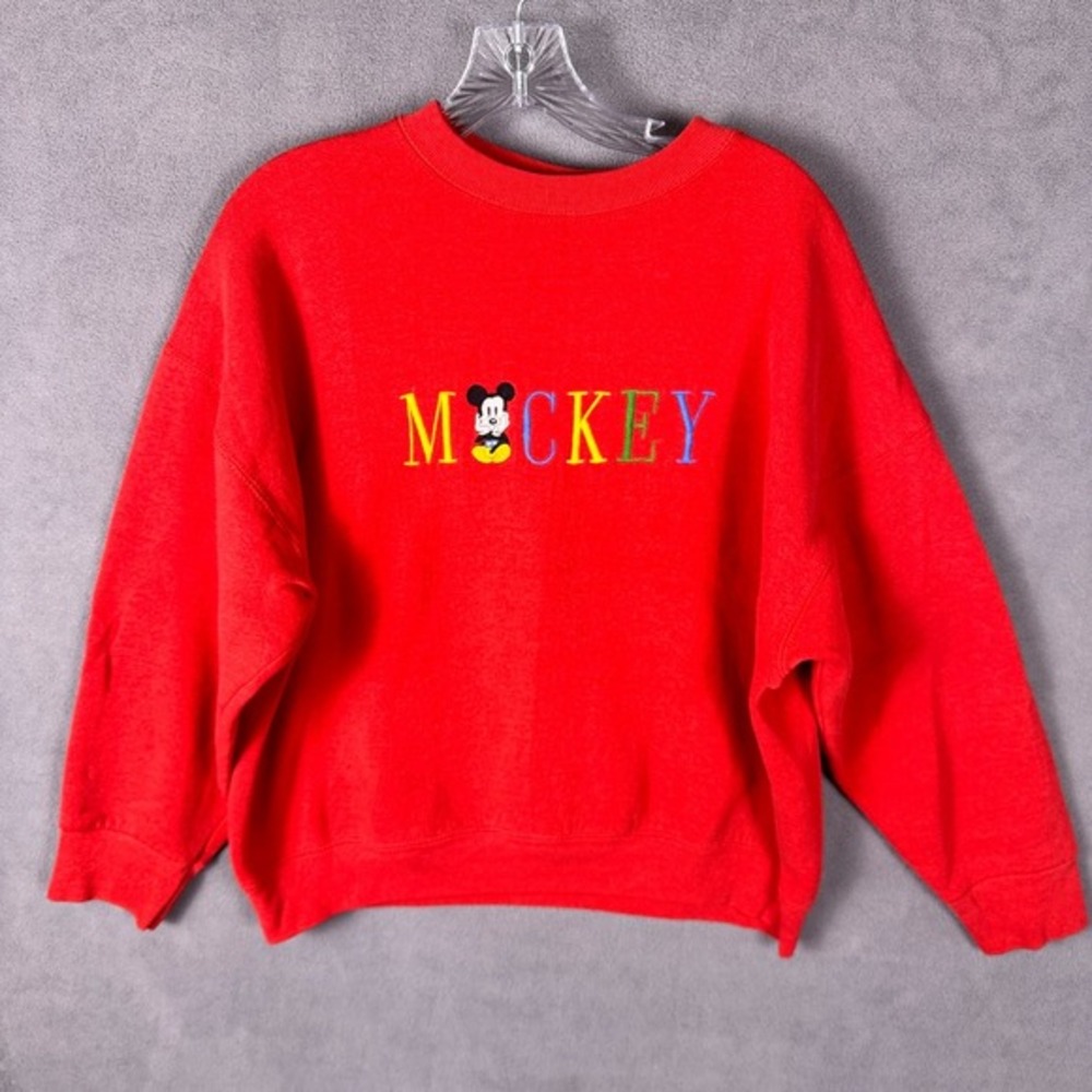 Mickey & Co Mens Red Spellout Sweatshirt Disney size XL Vintage 90's Embroidered
